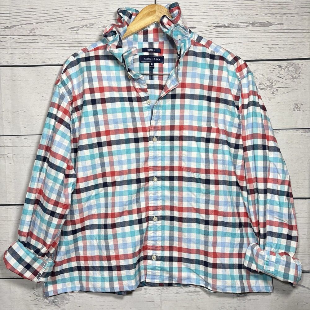 Upcycled Red White Blue Ruffle Collar XL Button Down Top Viral Patriotic Preppy